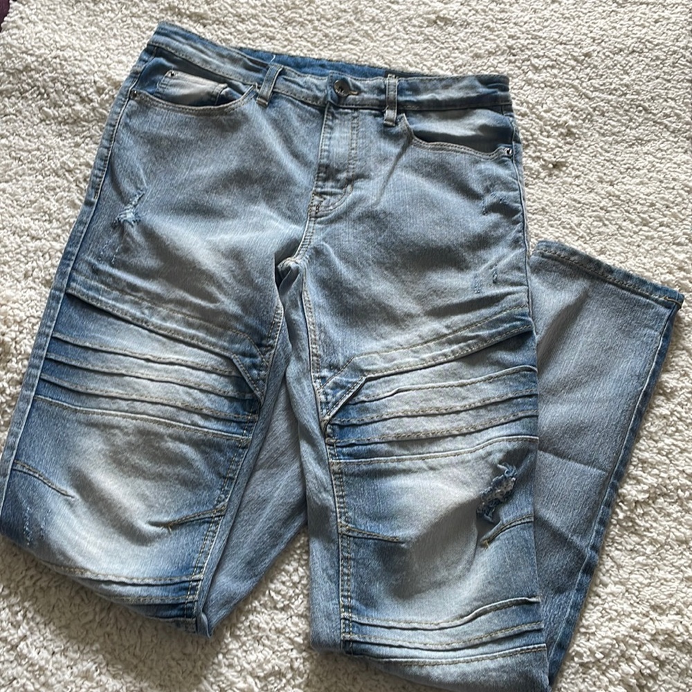 South Pole Skinny Mens Light Wash Distressed Jeans- Ridged Stitching - 32x34